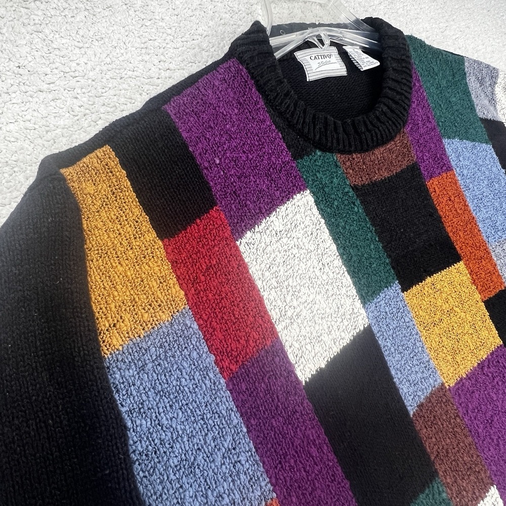 Vintage 90s Cattivo Studio Sweater Mens M Colorblock Chenille Style EUC